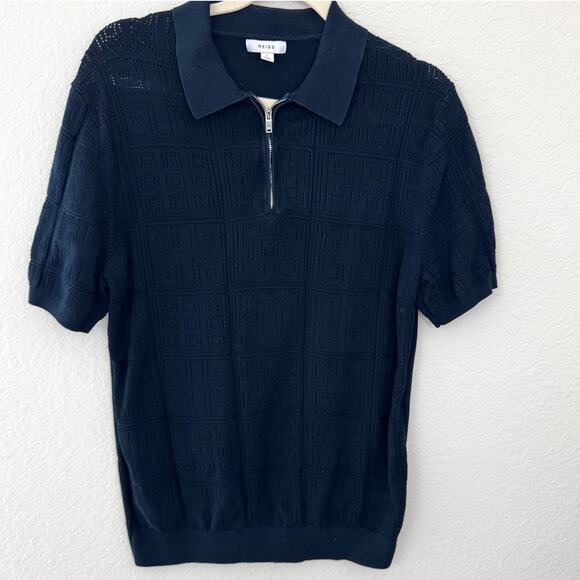 Reiss Mens Mosaic Textured Quarter Zip Polo Sweater Size L 100% Cotton Dark Blue - Picture 1 of 7